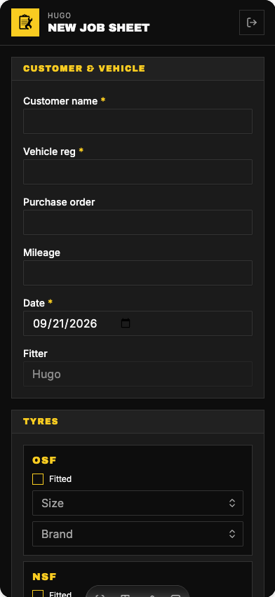 Garage Flow job sheet form on a phone, showing customer and vehicle fields