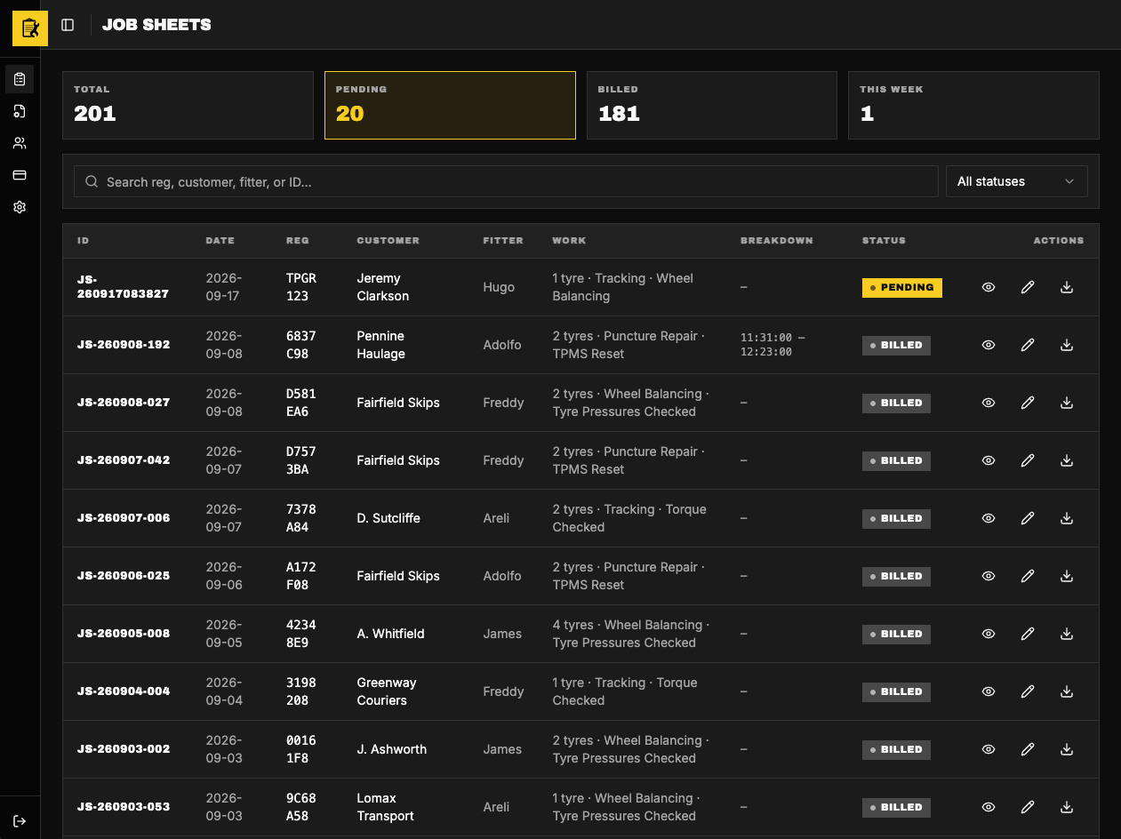 Garage Flow office dashboard listing job sheets with statuses