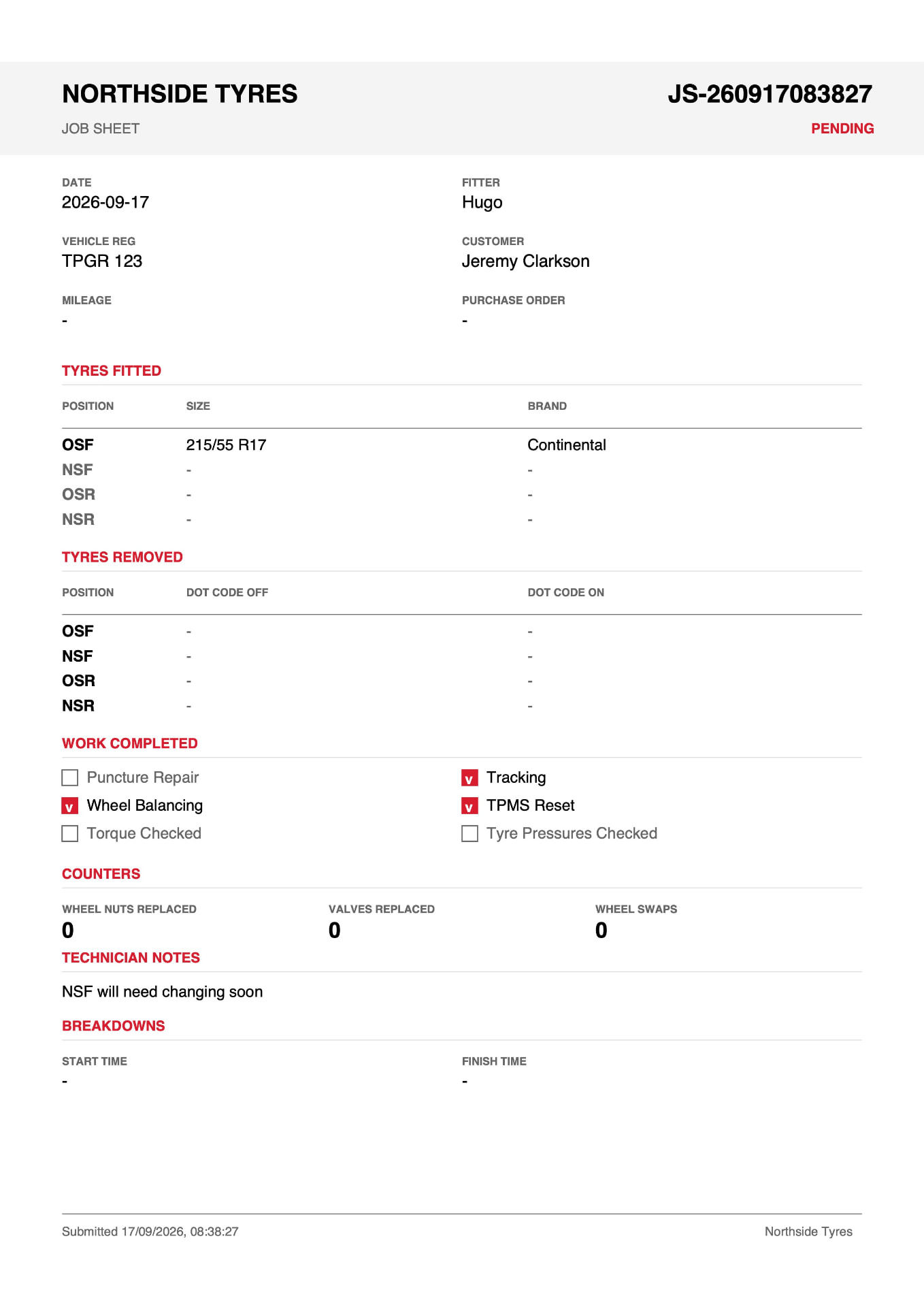 Printable Garage Flow job sheet PDF with tyre and work details